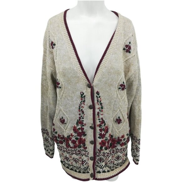 Vintage Hand Embroidered V-Neck Cardigan Sweater Size XL Christopher & Banks - Picture 1 of 14